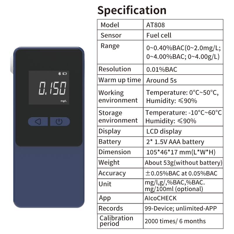 AT808 Portable Alcohol Tester with Advanced Fuel Cell Sensor Bluetooth Connectivity to AlcoCHECK App Large LCD Display